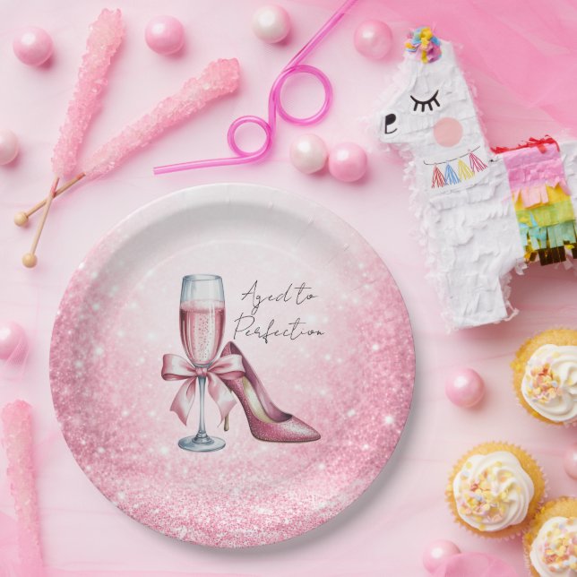 Assiettes En Carton Pink Champagne Glass Aged To Perfection Birthday (Fête)