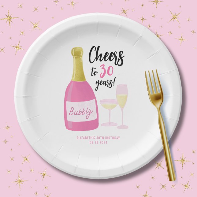 Assiettes En Carton Pink Cheers à 30 ans bubbly 30e anniversaire fête (Cheers to 30 years plate.  30th birthday party range with pink sparkling fizz champagne )