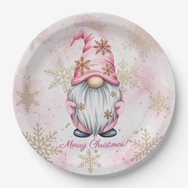Assiettes En Carton Pink Christmas Gnome Gold Snowflakes (Devant)