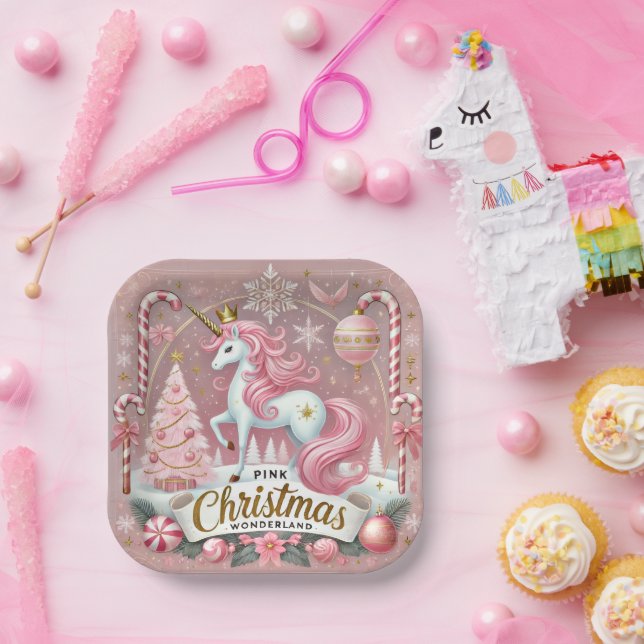 Assiettes En Carton Pink Christmas Wonderland Unicorn  (Fête)