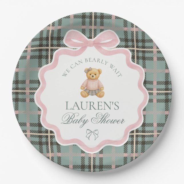 Assiettes En Carton Pink Coquette Bow Bear Plaid Baby Shower  (Devant)