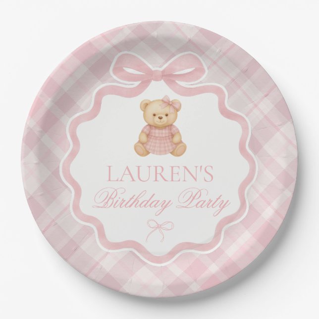 Assiettes En Carton Pink Coquette Bow Bear Plaid Birthday  (Devant)