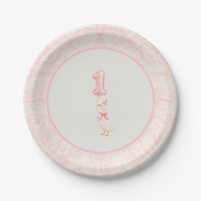 Assiettes En Carton Pink Coquette Silly Goose 1st Birthday  (Devant)