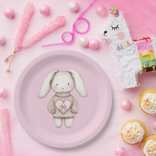 Assiettes En Carton Pink Cute Bunny Pink Sweater Heart Baby Shower (Fête)