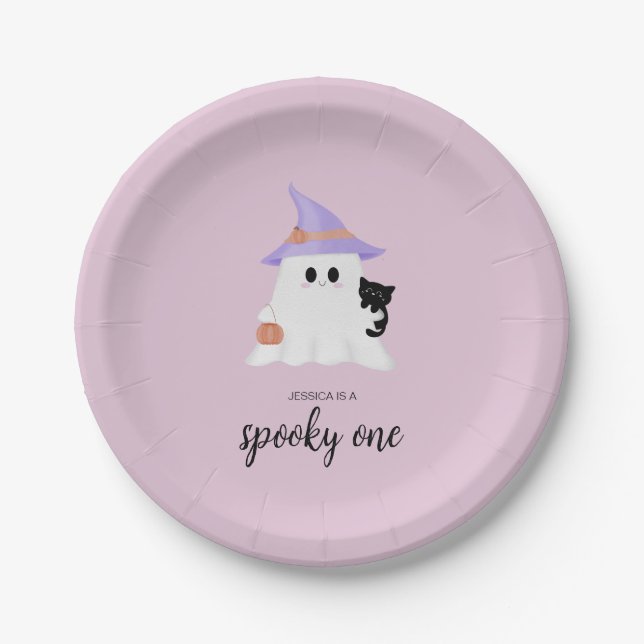 Assiettes En Carton Pink Cute Ghost Halloween 1er anniversaire fille (Devant)