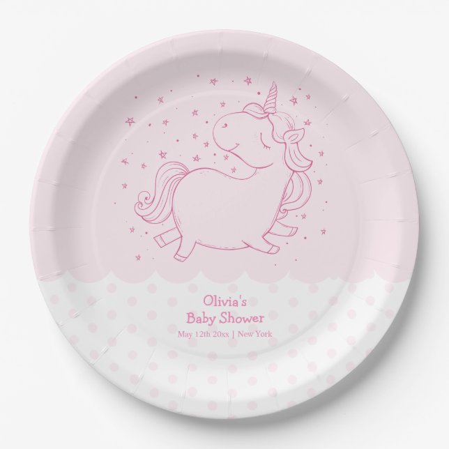 Assiettes En Carton Pink Cute Modern Polka Dot Unicorn Baby shower (Devant)