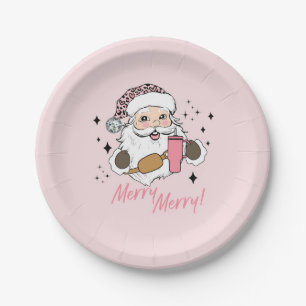 Assiettes En Carton Pink Cute Père Noël, Boujee Père Noël avec sac à c