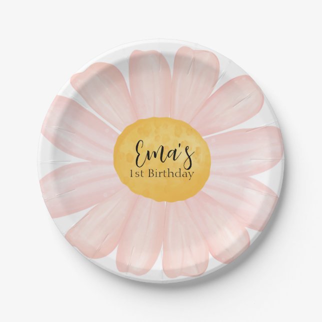 Assiettes En Carton Pink Daisy 1er anniversaire (Devant)