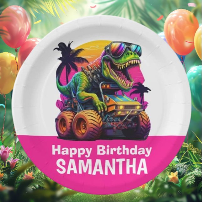 Assiettes En Carton PINK Dino-Mite MONSTER TRUCK Anniversaire (Celebrate your little one's birthday in style with our PINK Dino-Mite MONSTER TRUCK )