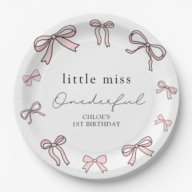 Assiettes En Carton Pink Doodle Bow Baby Girl 1er anniversaire (Devant)