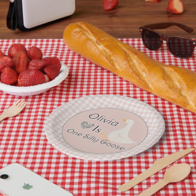 Assiettes En Carton Pink En vichy One Silly Goose Girl's Birthday Part (Pique-nique)