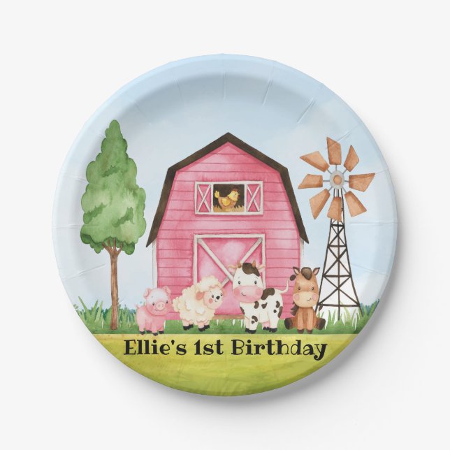 Assiettes En Carton Pink Farm Barnyard Plaques d'anniversaire (Devant)