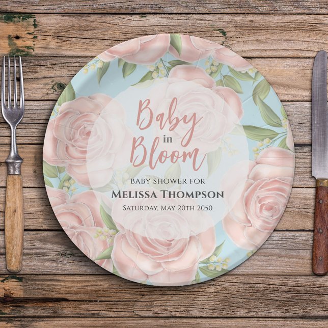 Assiettes En Carton Pink Floral Baby Girl Douche personnalisée (Baby in bloom pink floral paper plates. )