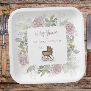Assiettes En Carton Pink Floral Baby Girl Douche Vintage personnalisée