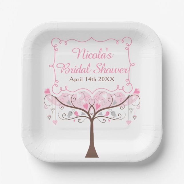 Assiettes En Carton Pink Floral Bird Bridal Shower  (Recto)