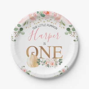 Assiettes En Carton Pink Floral Citrouille Gold Première fête d'anni
