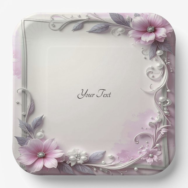 Assiettes En Carton Pink Floral Frame Paper Plate (Recto)