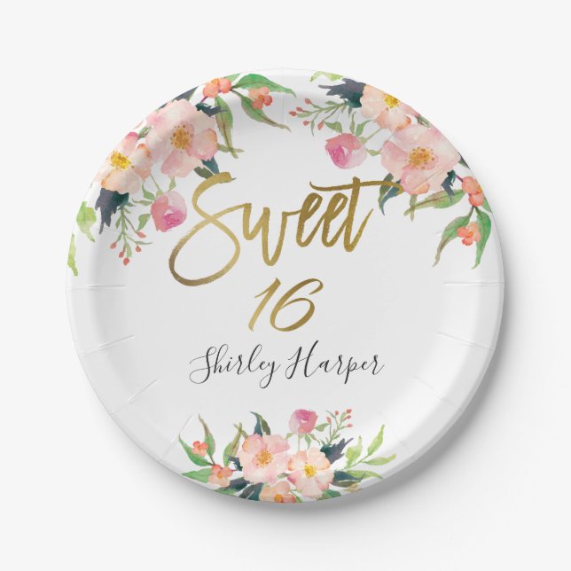 Assiettes En Carton Pink Floral Gold Script Sweet sixteen 16 Anniversa (Devant)