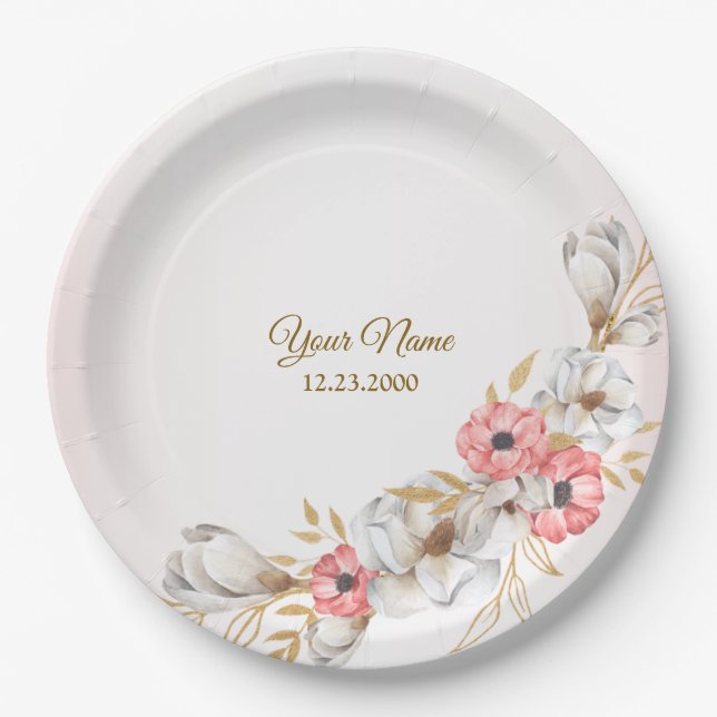 Assiettes En Carton Pink Floral Golden Peach Modern Wedding Party (Devant)