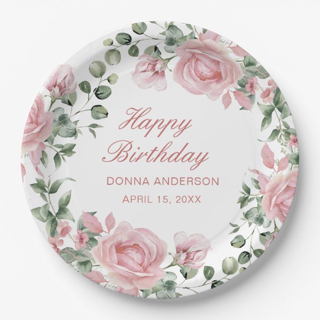 Assiettes En Carton Pink Floral Rose Birthday Party Plate (Devant)