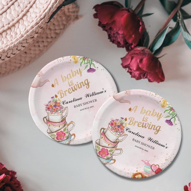 Assiettes En Carton Pink Floral tea party Baby is Brewing baby shower (Créateur téléchargé)