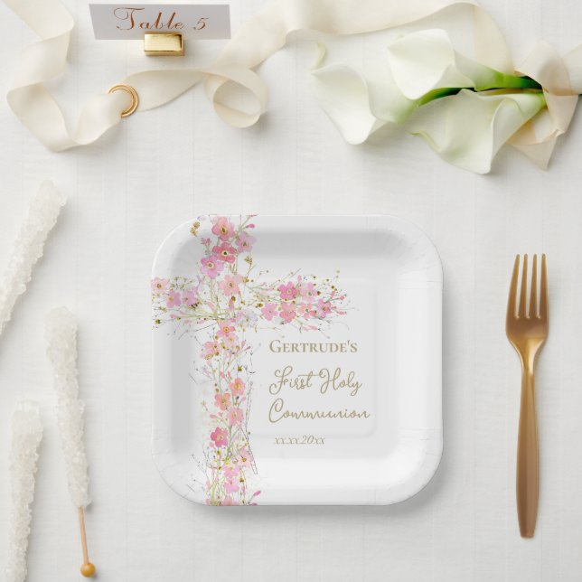 Assiettes En Carton  pink flowers cross First Holy Communion (Mariage)
