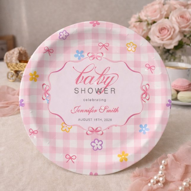 Assiettes En Carton Pink Gingham Floral Bow Baby Shower Paper Plates (Créateur téléchargé)