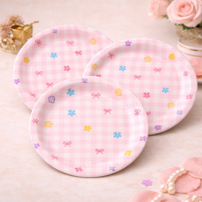 Assiettes En Carton Pink Gingham Floral Bow Baby Shower Paper Plates (Créateur téléchargé)