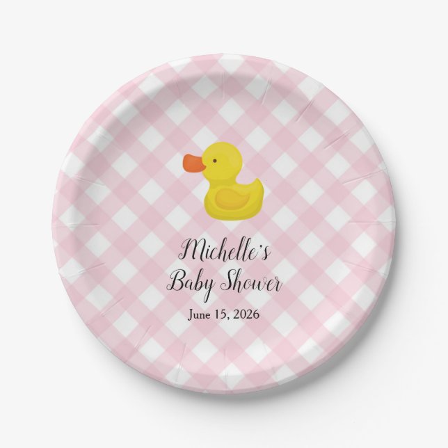 Assiettes En Carton Pink Gingham Rubber Duckie Baby Shower Paper Plate (Devant)