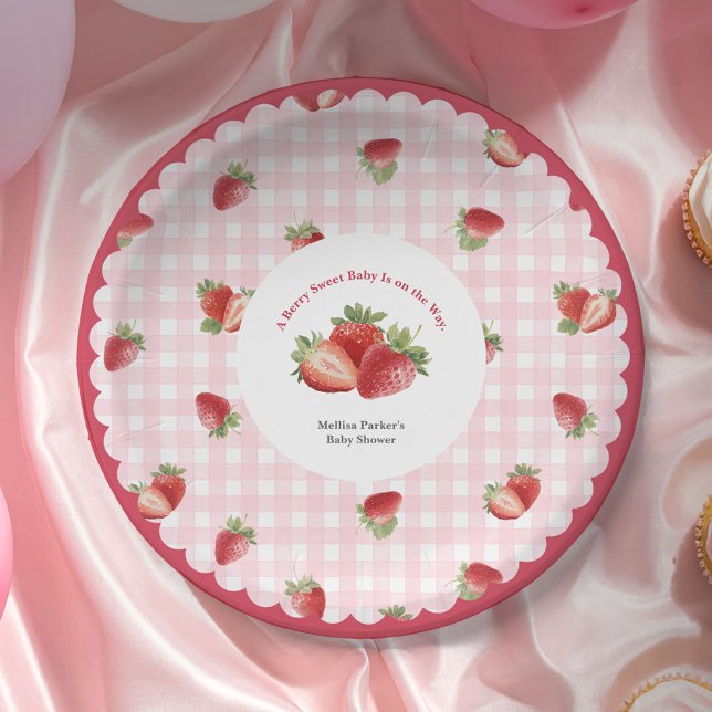 Assiettes En Carton pink Gingham Strawberry-Baby Girl Shower (Strawberry Berry Sweet with Pink Gingham Background-Baby Shower Party Paper Plate.)