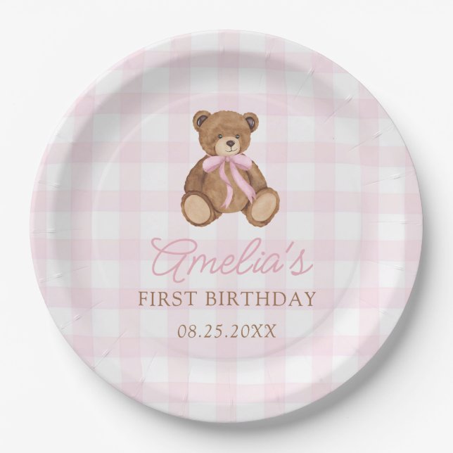 Assiettes En Carton Pink Gingham Teddy Bear Beary First Birthday (Devant)