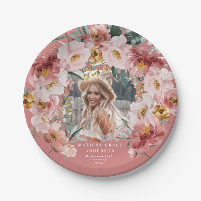 Assiettes En Carton Pink girly floral photo de la fête de graduation p (Devant)