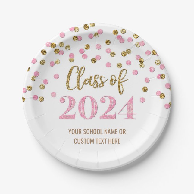 Assiettes En Carton Pink Gold Confetti Graduation 2024 (Devant)
