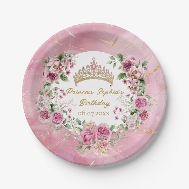 Assiettes En Carton Pink Gold Fairytale Princess Crown (Devant)