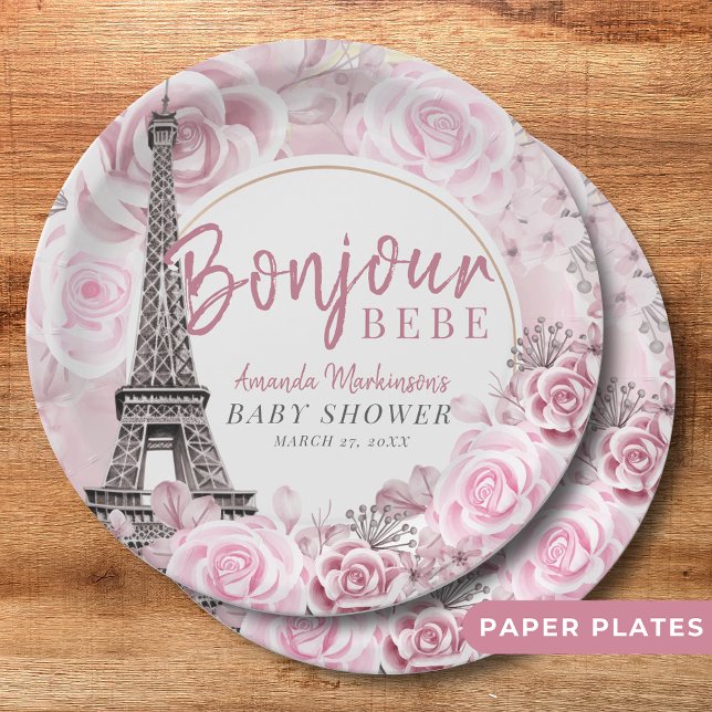 Assiettes En Carton Pink Gold Floral Bonjour Bebe Baby shower (Créateur téléchargé)