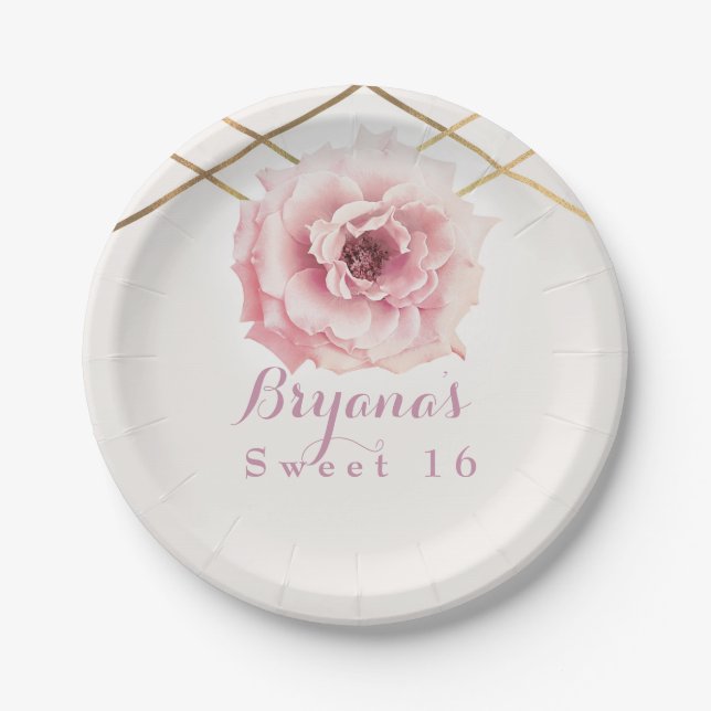 Assiettes En Carton Pink & Gold Floral Glam Fête des mariées personnal (Devant)
