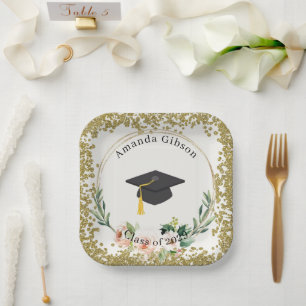 Assiettes En Carton Pink & Gold Floral Parti de graduation personnalis