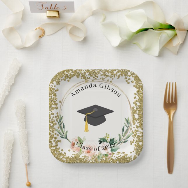 Assiettes En Carton Pink & Gold Floral Parti de graduation personnalis (Mariage)