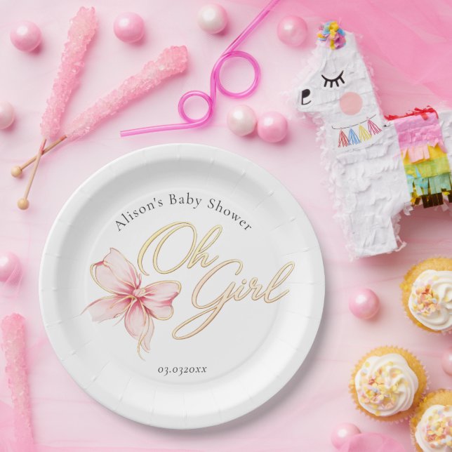 Assiettes En Carton Pink & Gold “Oh Girl” Gold Typography Baby Shower (Fête)
