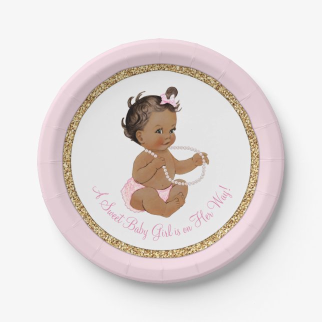 Assiettes En Carton Pink Gold Pearl Ethnic Girl Baby shower (Devant)