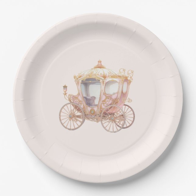 Assiettes En Carton Pink Gold Princess Carriage Fairytale Anniversaire (Devant)