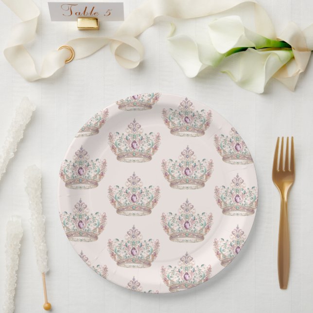 Assiettes En Carton Pink Gold Princess Crown Fairytale Anniversaire (Mariage)