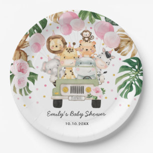 Assiettes En Carton Pink Gold Safari Jungle Animaux Verdure bébé fille