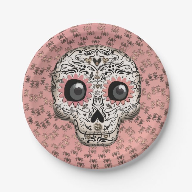 Assiettes En Carton Pink & Gold Sugar Skull Whimsical Cute Party (Devant)