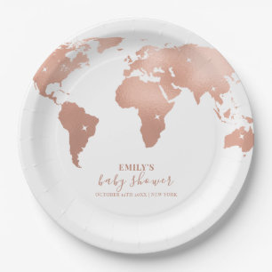 Assiettes En Carton Pink Gold World Map Voyage Baby shower d'aventure