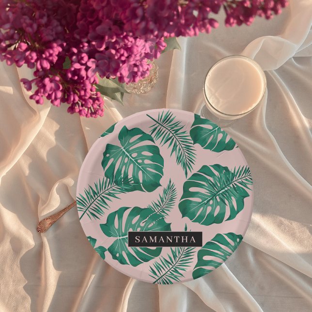 Assiettes En Carton Pink & Green Palm Feuille Motif & nom (Créateur téléchargé)