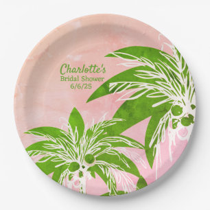 Assiettes En Carton Pink Green Palm Tree Aquarelle Nom de la Fête des 