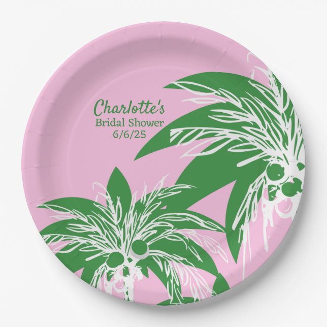 Assiettes En Carton Pink Green Palm Tree Fête des mariées tropicale No (Devant)