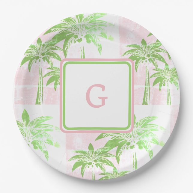 Assiettes En Carton Pink Green Palm Tree Preppy Ombre Carré Monogramme (Devant)