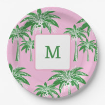 Pink Green Palm Tree Preppy Summer Beach Monogramm